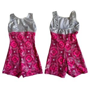 Girls Vibrant Pink and Silver Gymnastics Unitard/Leotard